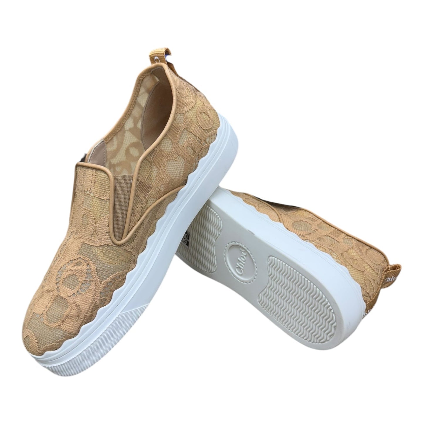 Shoes Luxury Designer By Chloe In Tan & White, Size:8