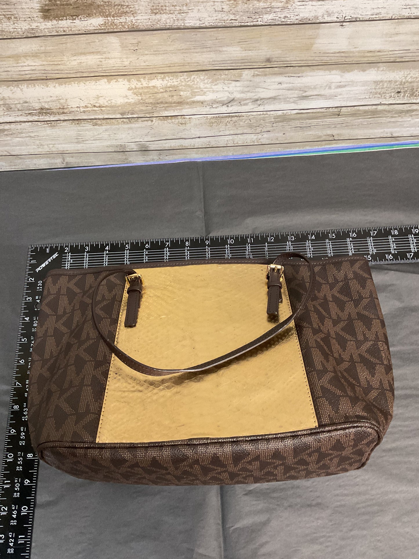 Tote Designer By Michael Kors In Brown & Gold, Size:Medium