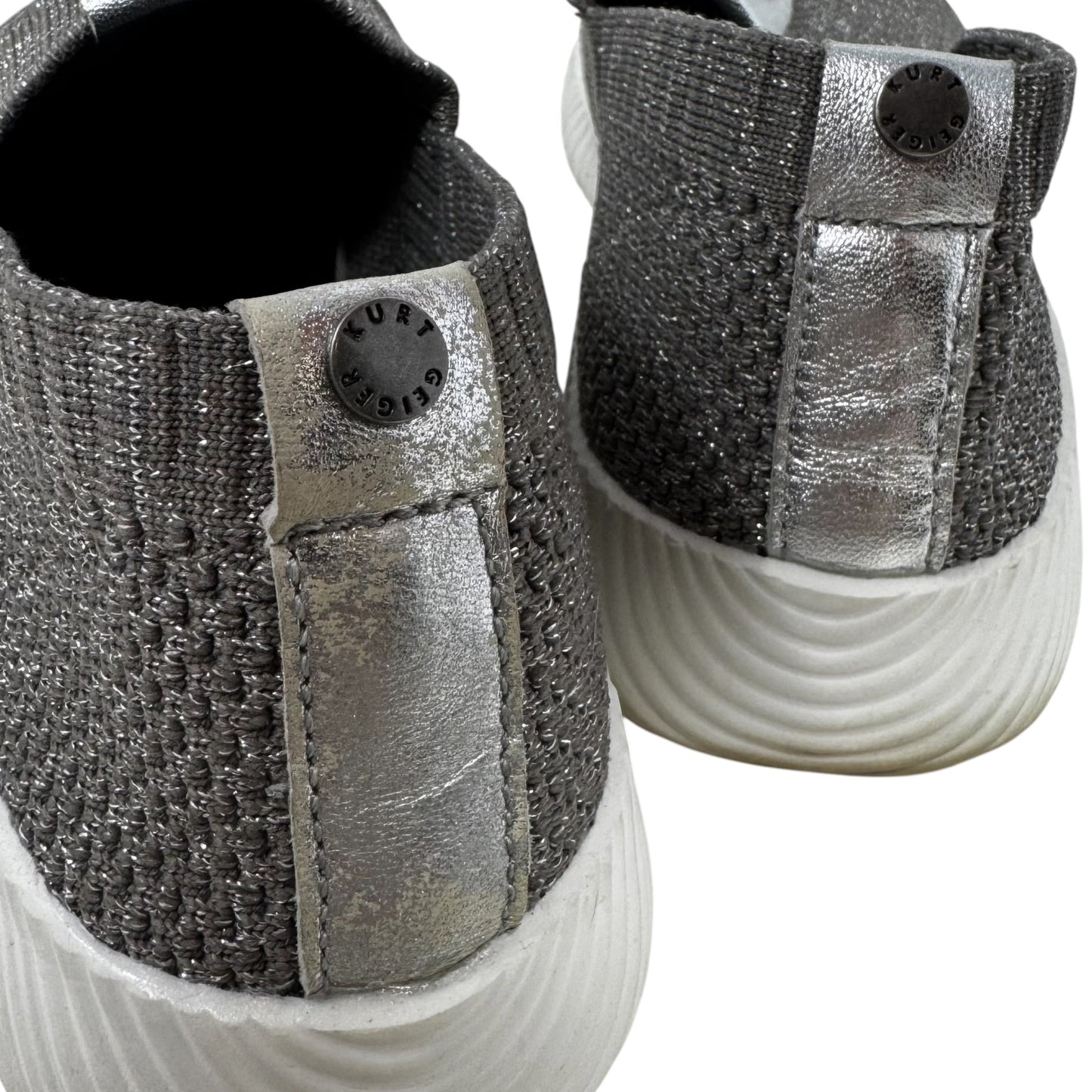 Metallic Knit Sneakers Shoes Designer By Kurt Geiger In Silver, Size: 8