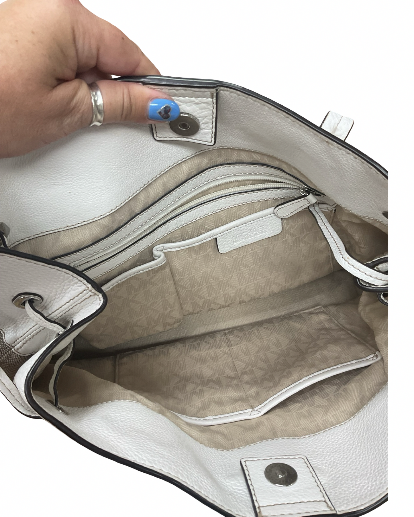 Handbag Designer By Michael Kors In Tan & White, Size:Large