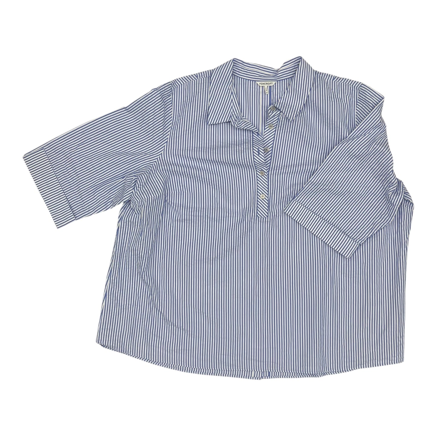 Blouse 3/4 Sleeve By Foxcroft In Blue & White, Size:3X