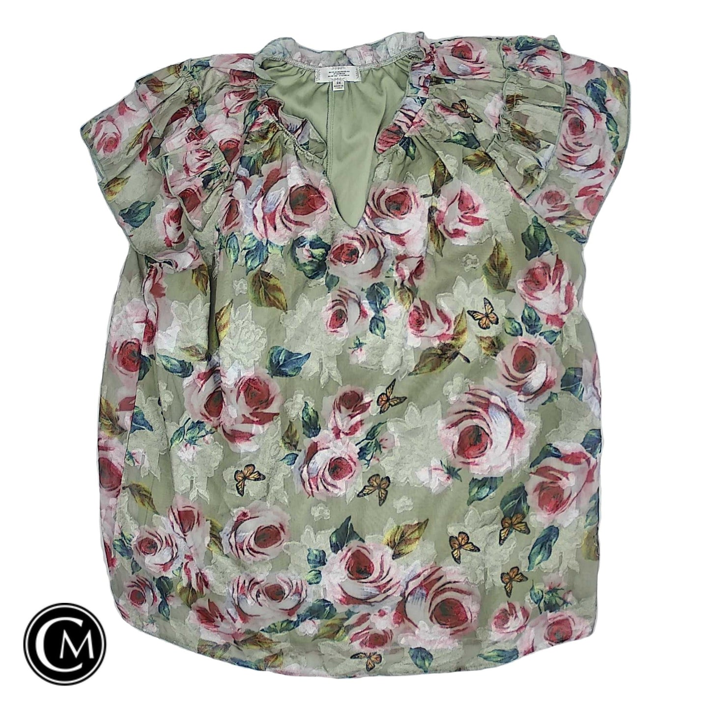 Blouse Ss By Clothes Mentor In Green & Pink, Size: 2x