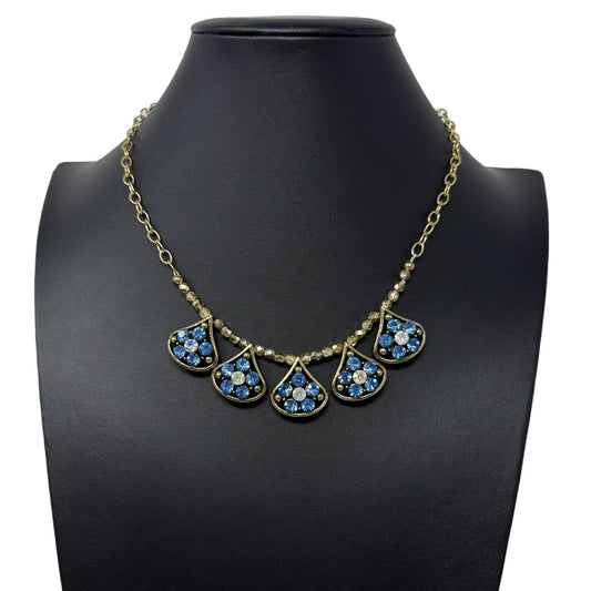 Brass Tone Blue Crystal Teardrop Multi Pendant Necklace