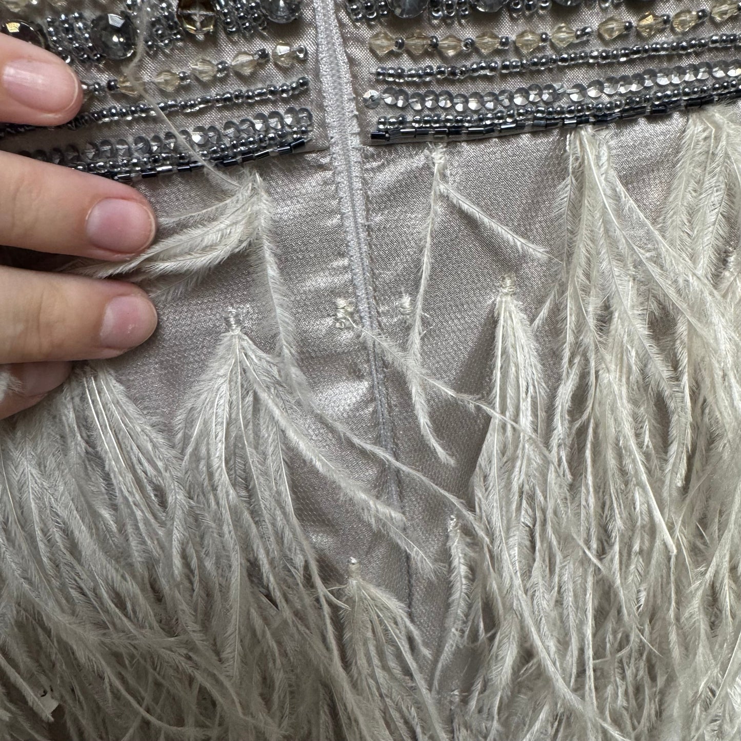 Beaded Ostrich Feather Cocktail Dress Party Short By Sue Wong Nocturne In Silver, Size: 6