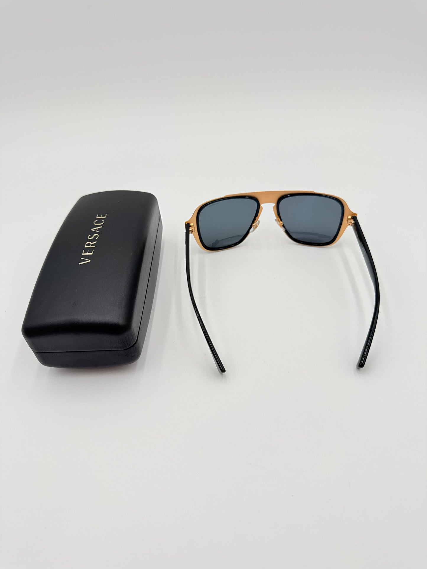 Sunglasses Luxury Designer By Versace In Black & Gold, Size: