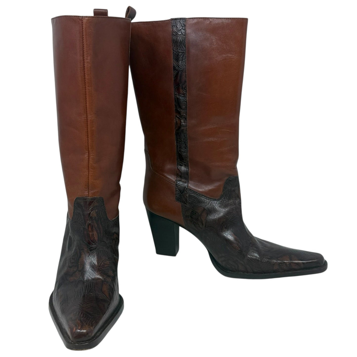 Cassidy Tooled Italian Leather Midcalf Heeled Boots By Antonio Melani In Brown, Size: 9.5
