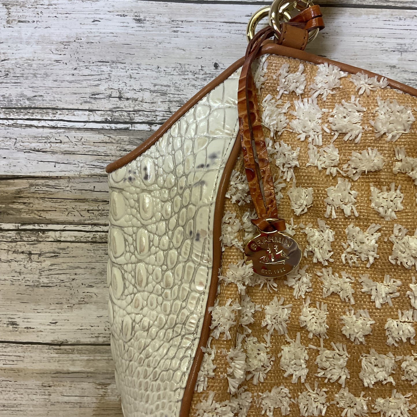 Handbag Designer By Brahmin In Brown & Cream, Size:Medium