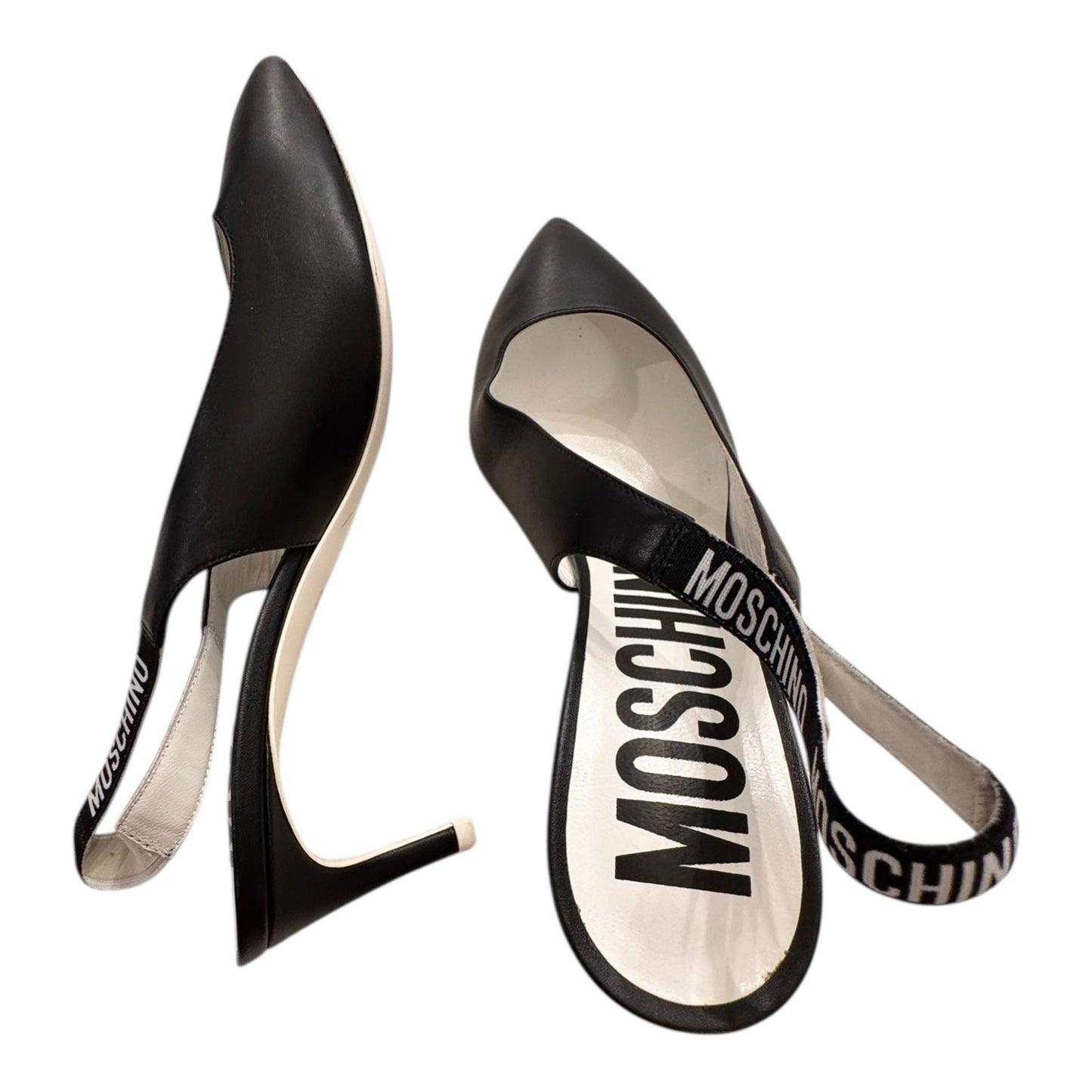 Shoes Luxury Designer By Moschino In Black & White, Size:7.5