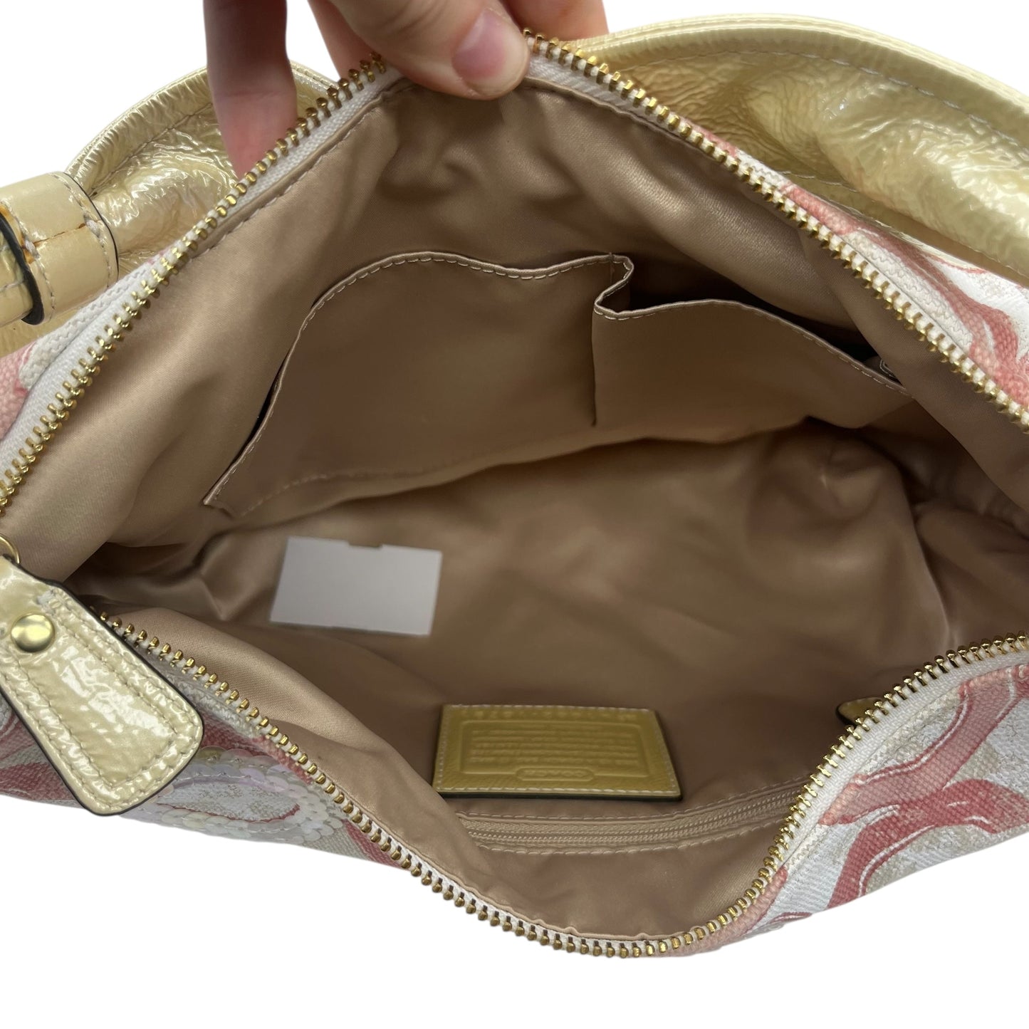 Handbag Designer By Coach In Cream & Pink, Size:Medium