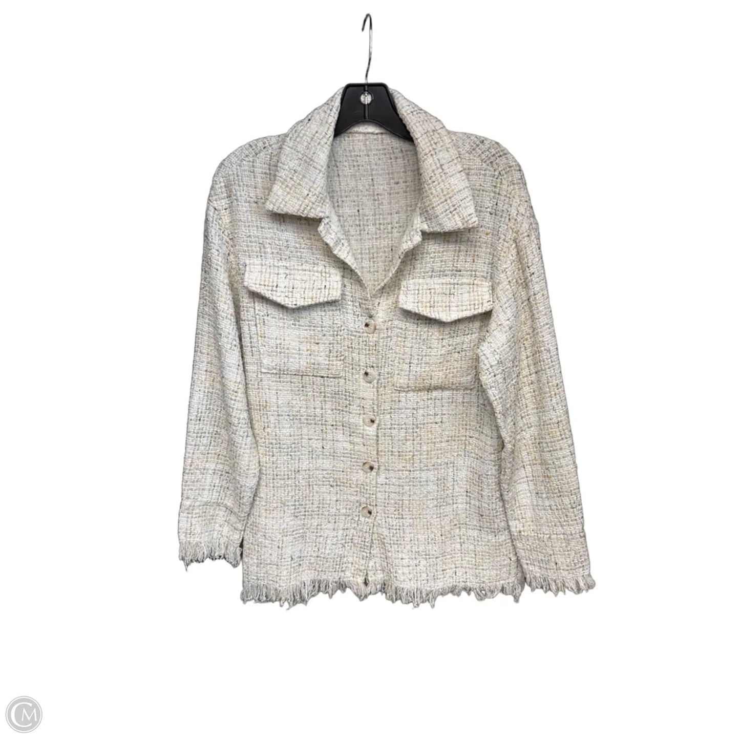 Jacket Shirt By Shein In White & Yellow, Size: S