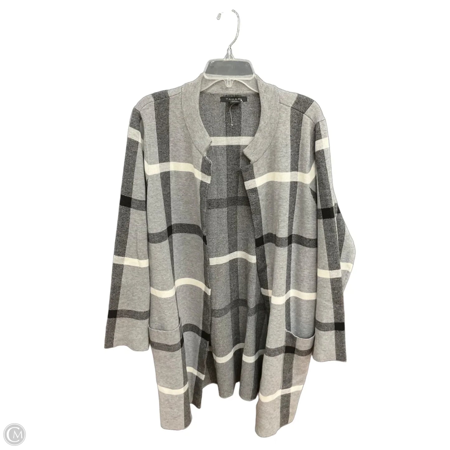 Sweater Cardigan By Tahari In Grey & White, Size: 2x
