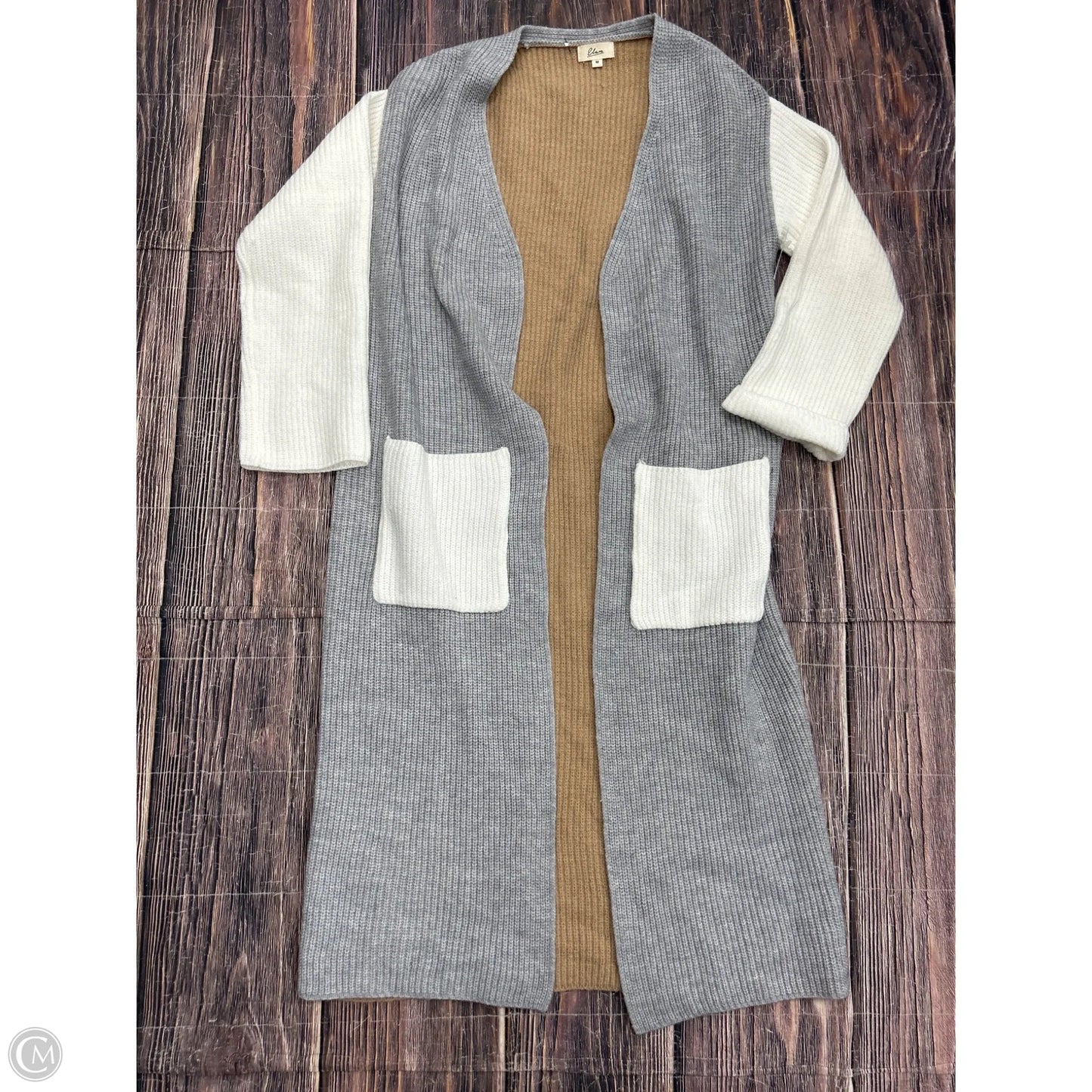 Sweater Cardigan By Elan In Grey & Tan, Size: M