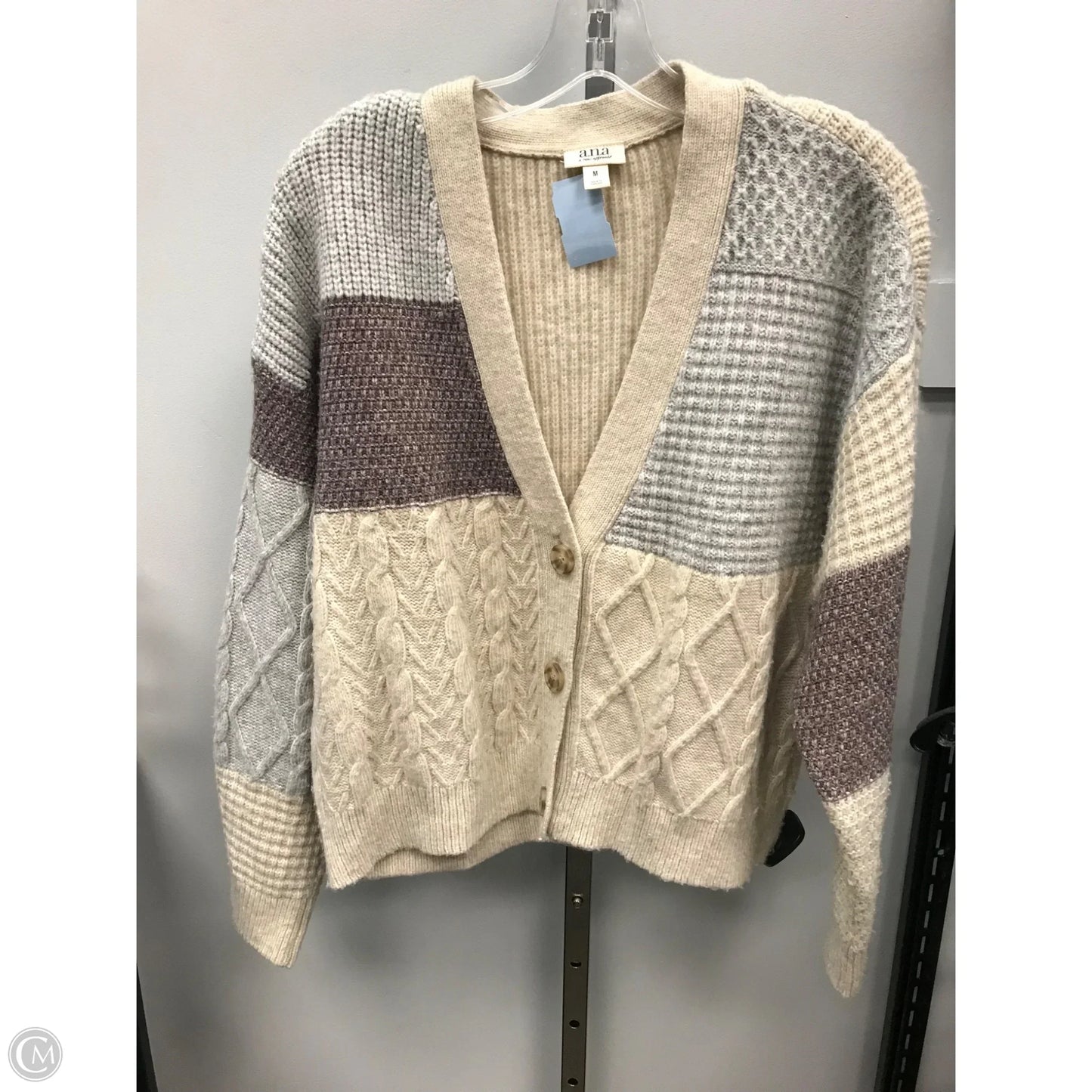 Sweater Cardigan By Ana In Cream & Grey, Size: M