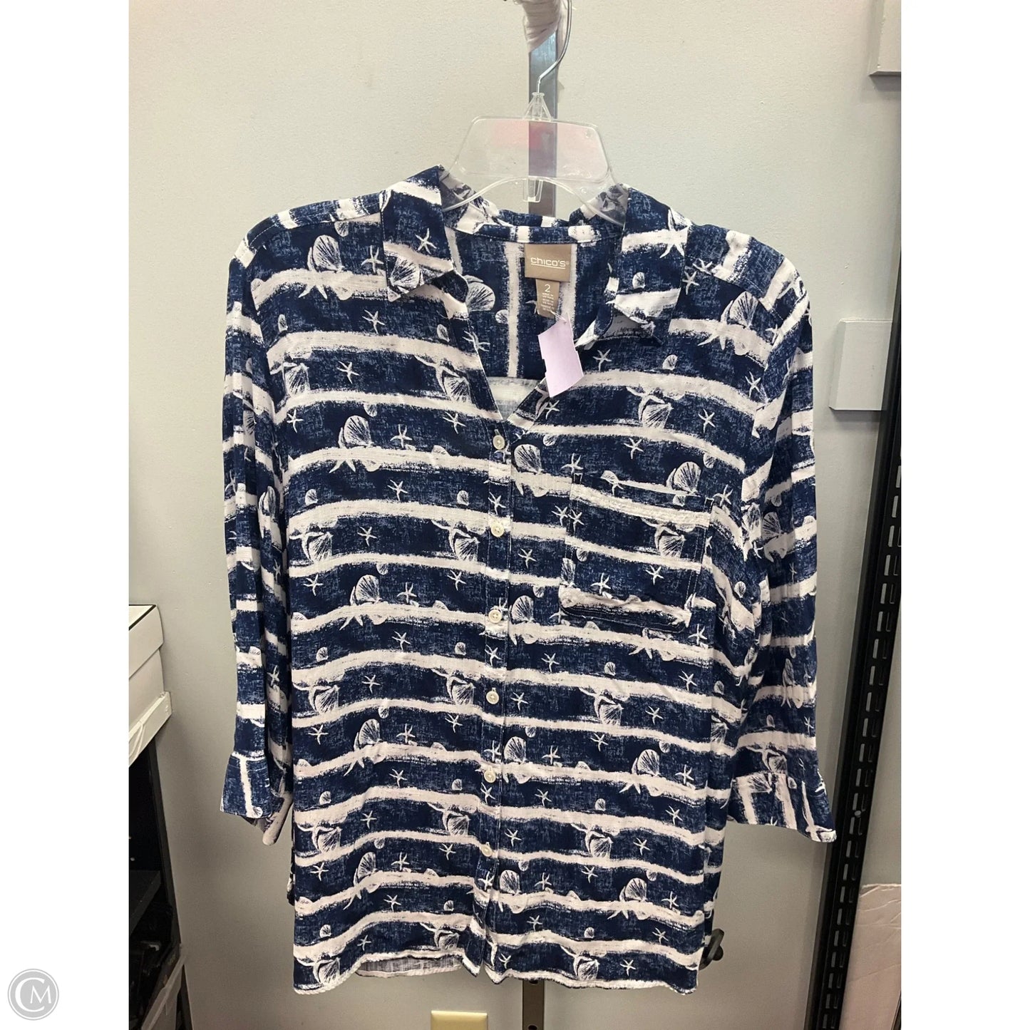 Top Long Sleeve By Chicos In Blue & White, Size: L