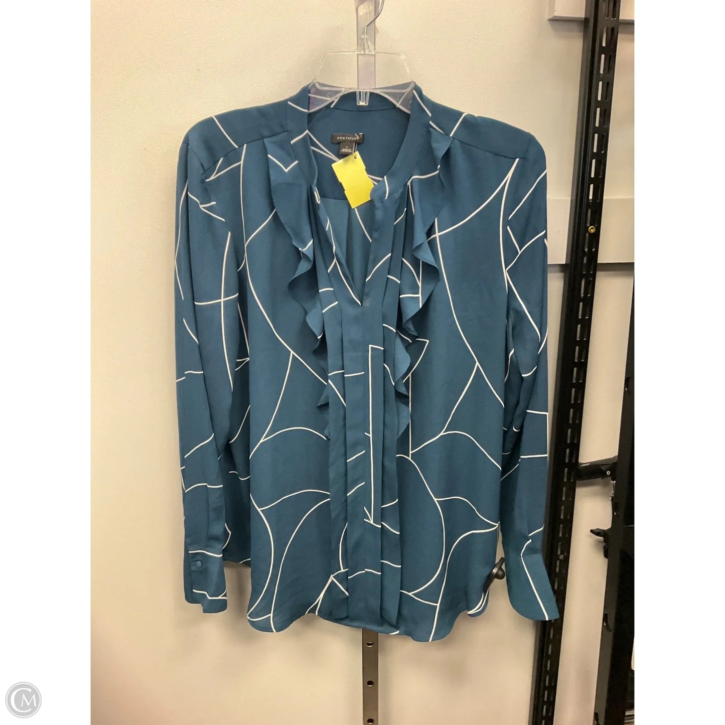 Blouse Long Sleeve By Ann Taylor In Blue & White, Size: L