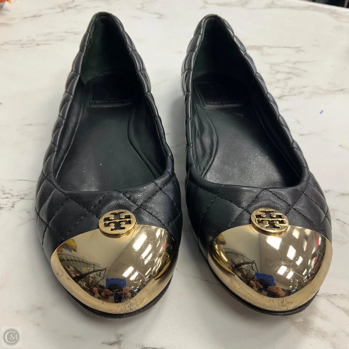 Shoes Designer By Tory Burch In Black & Gold, Size: 7