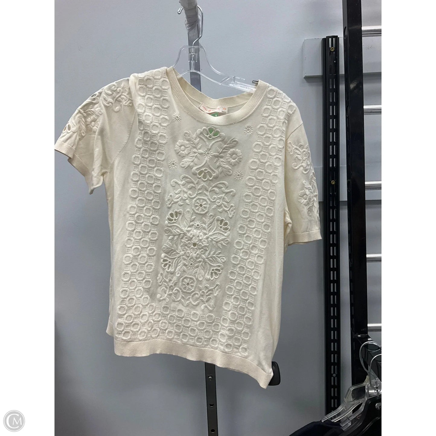 Top Short Sleeve Designer By Tory Burch In Cream & Orange, Size: M