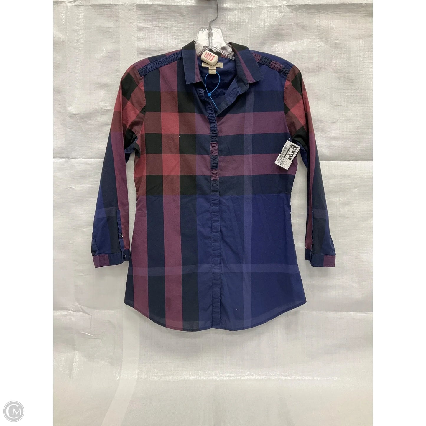 Blouse Luxury Designer By Burberry In Plaid Pattern, Size: Xs