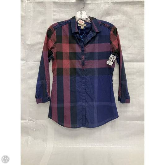 Blouse Luxury Designer By Burberry In Plaid Pattern, Size: Xs
