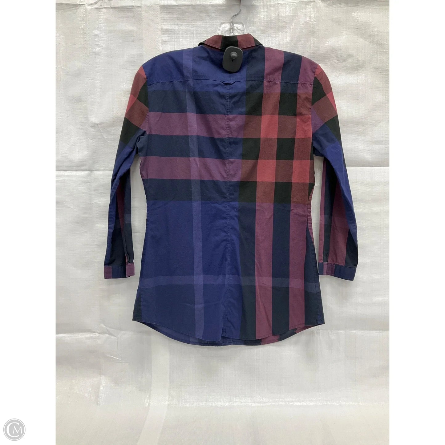 Blouse Luxury Designer By Burberry In Plaid Pattern, Size: Xs