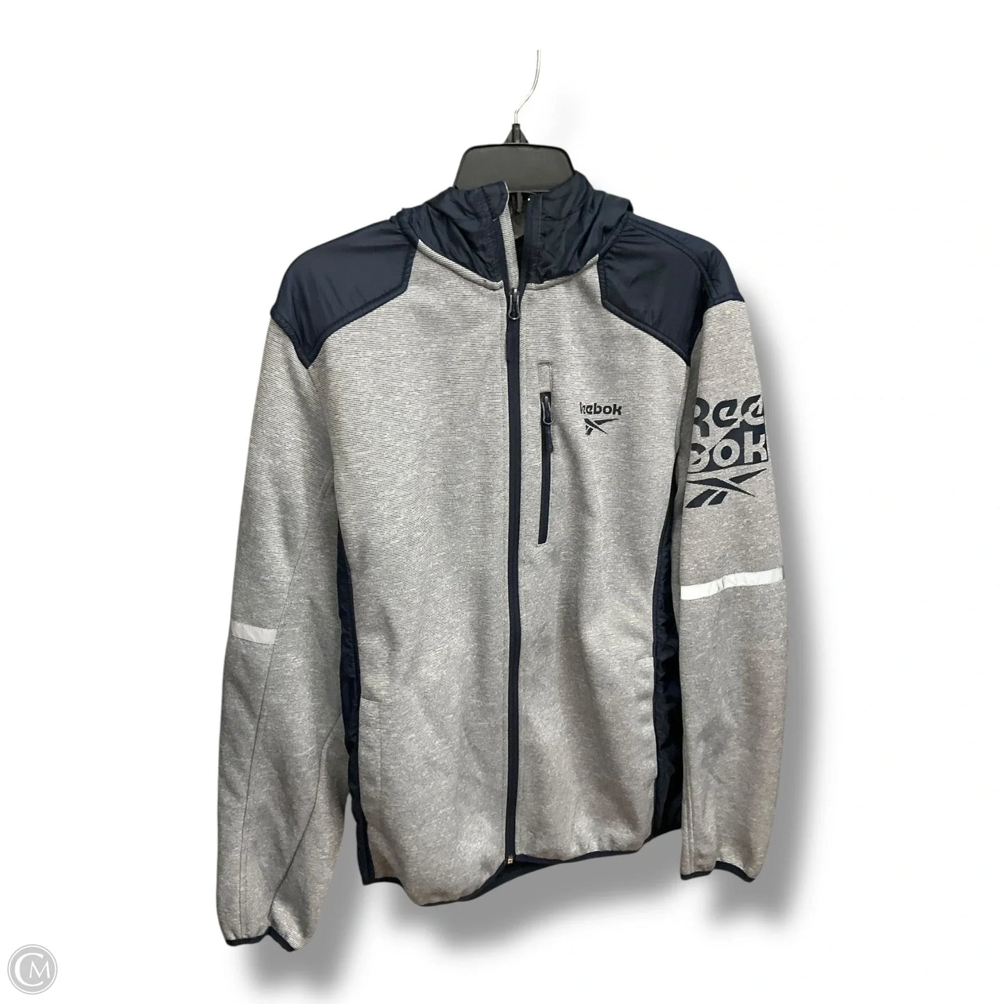 Athletic Jacket By Reebok In Blue & Grey, Size: L