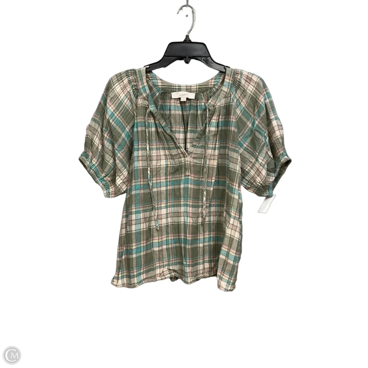 Top Short Sleeve By Loft In Plaid Pattern, Size: S