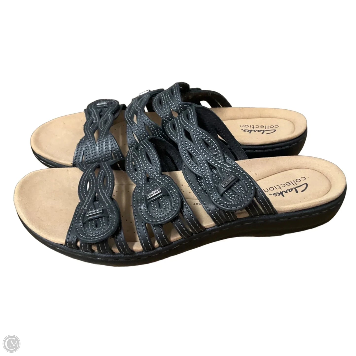 Sandals Flats By Clarks In Black & Tan, Size: 10