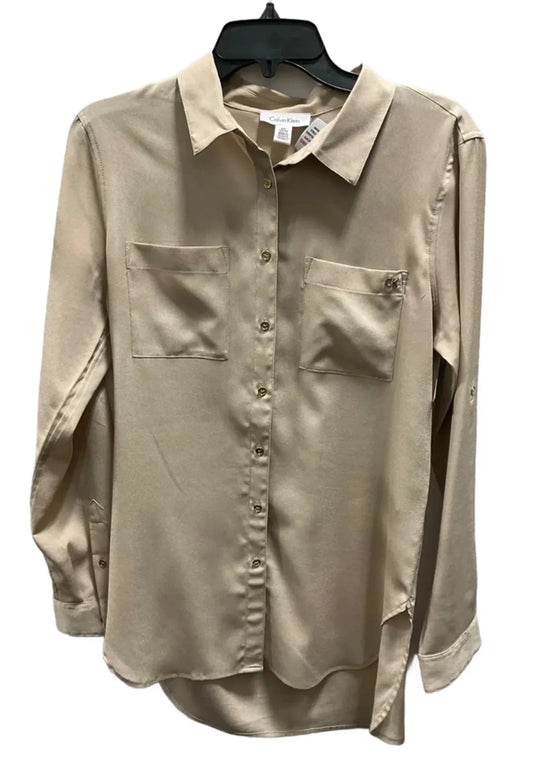 Blouse Long Sleeve By Calvin Klein In Tan, Size: M
