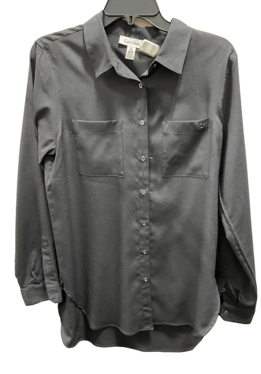 Blouse Long Sleeve By Calvin Klein In Grey, Size: M