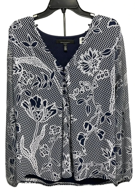 Top Long Sleeve By White House Black Market In Blue & White, Size: L