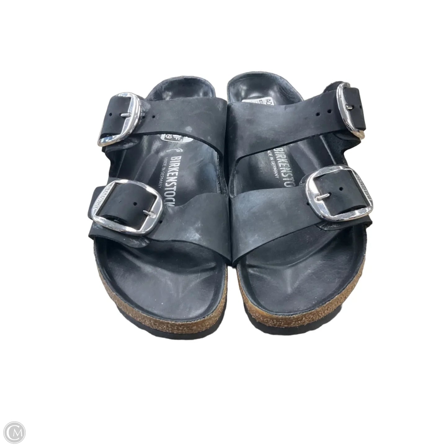 Sandals Flats By Birkenstock In Black & Tan, Size: 9