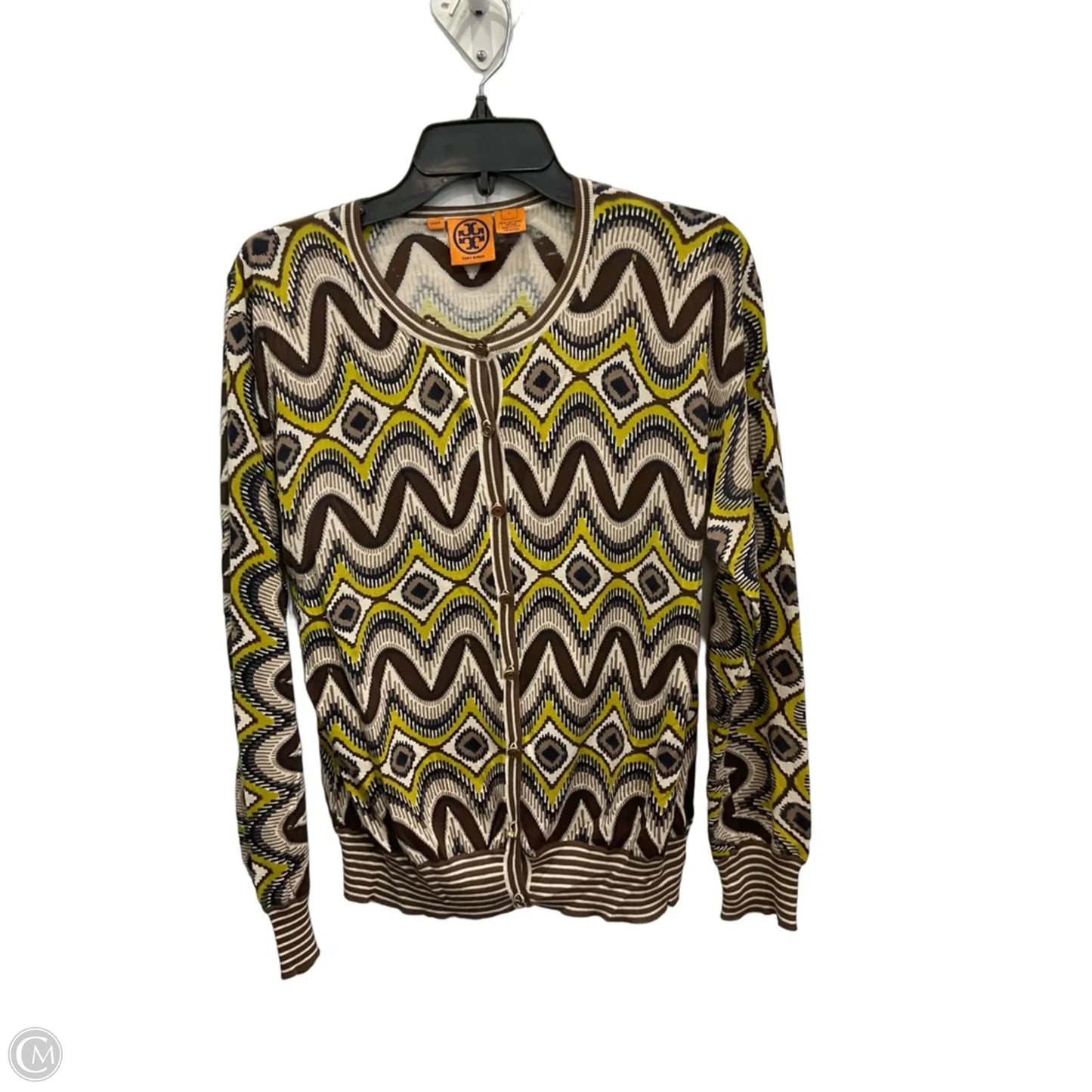 Cardigan Designer By Tory Burch In Brown & Yellow, Size: L