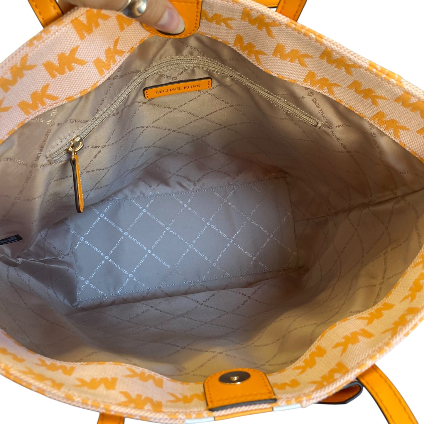 Handbag Designer By Michael Kors In Orange & White, Size:Large