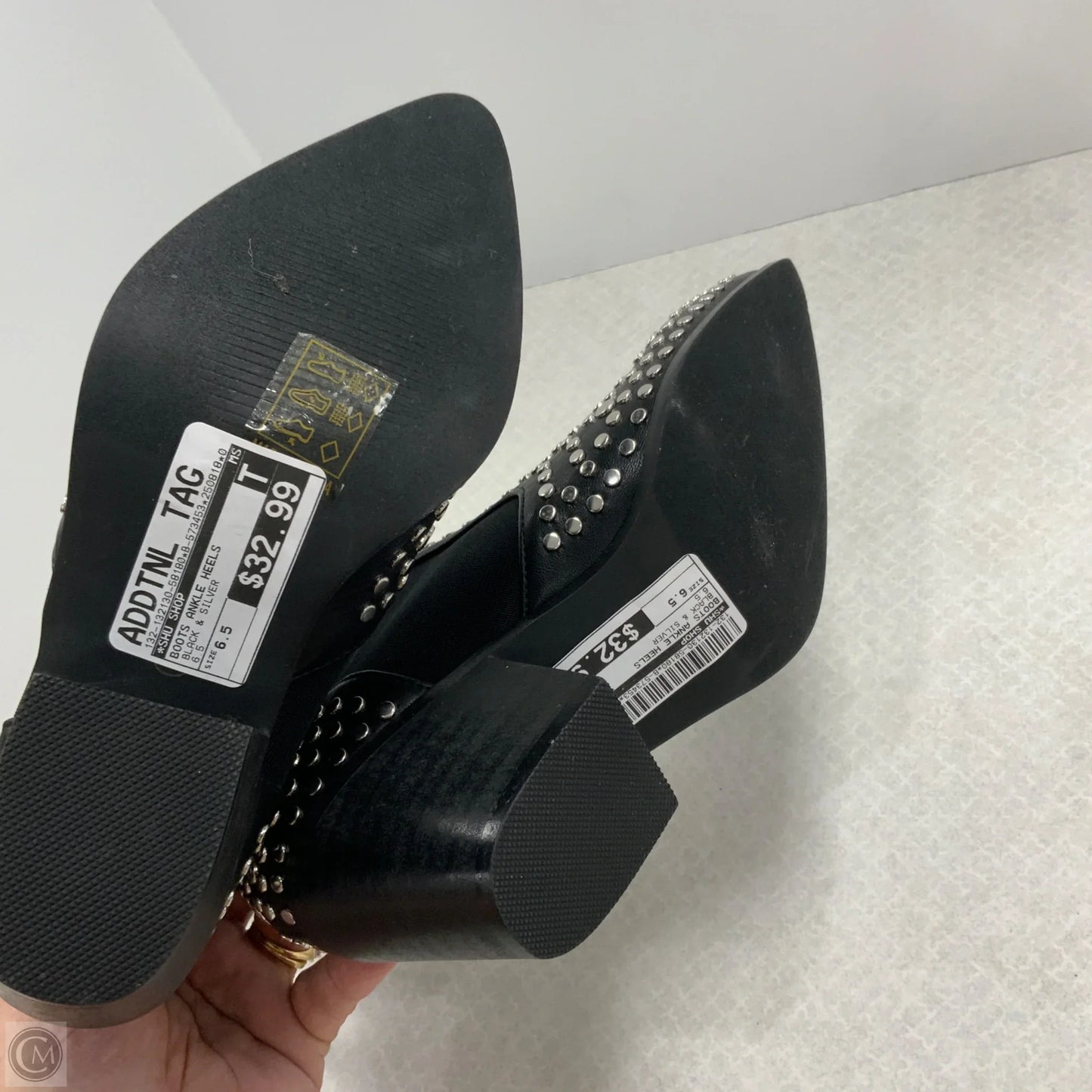 Boots Ankle Heels By Shu Shop In Black & Silver, Size: 6.5