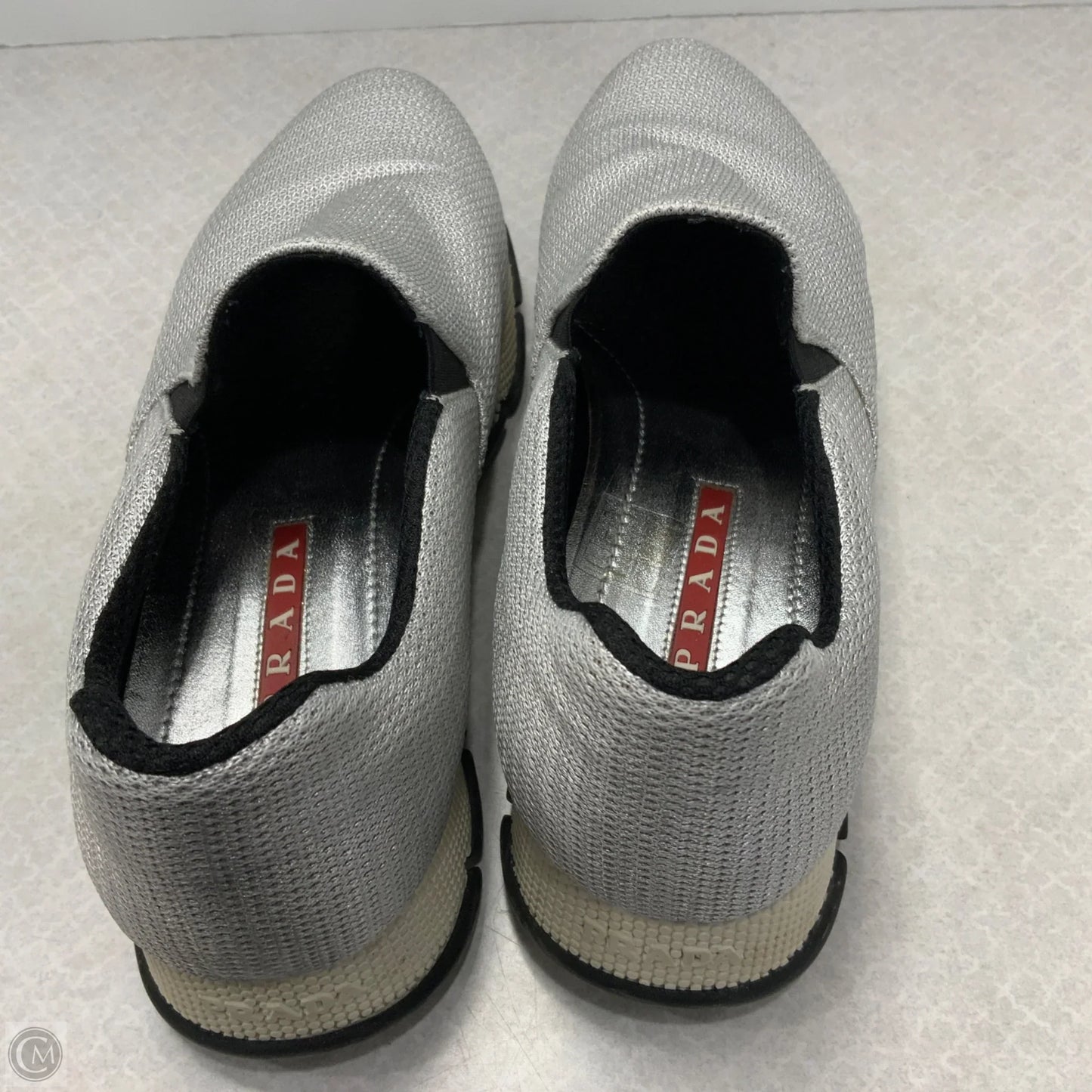 Shoes Luxury Designer By Prada In Grey, Size: 6.5