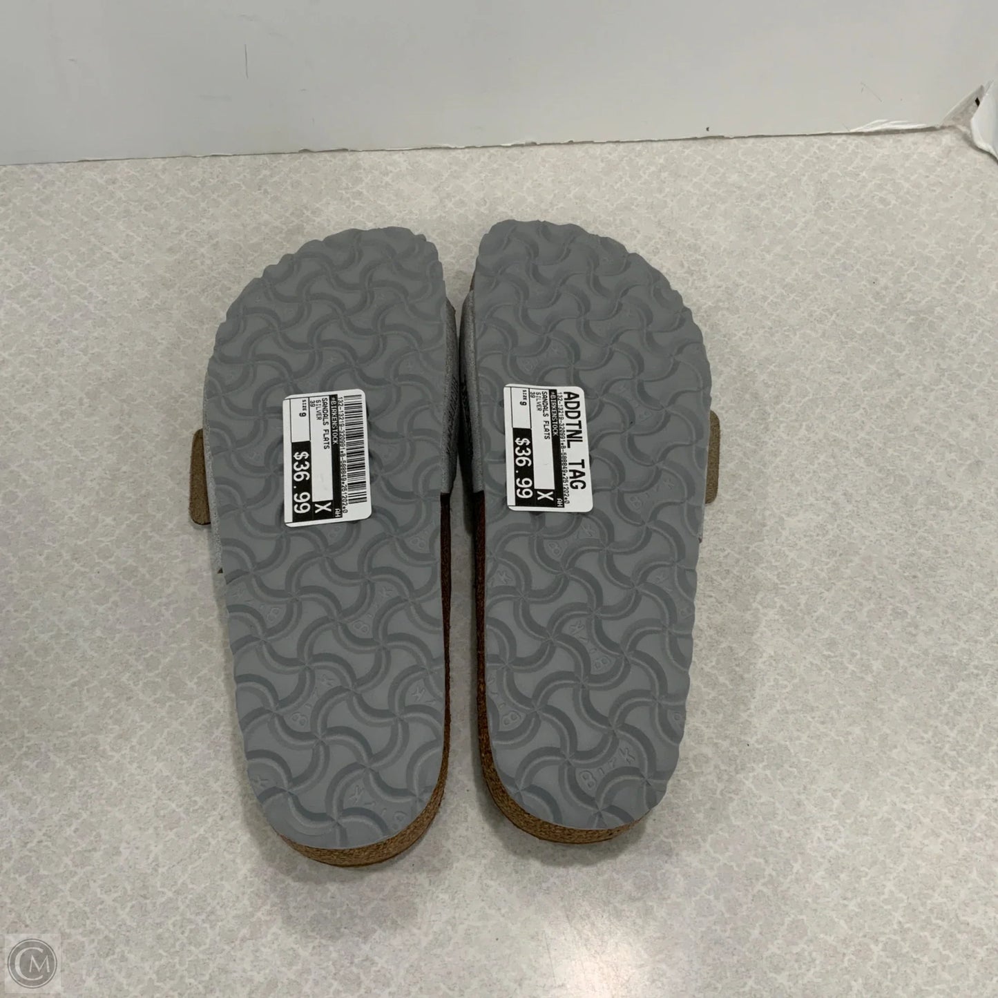 Sandals Flats By Birkenstock In Silver, Size: 9