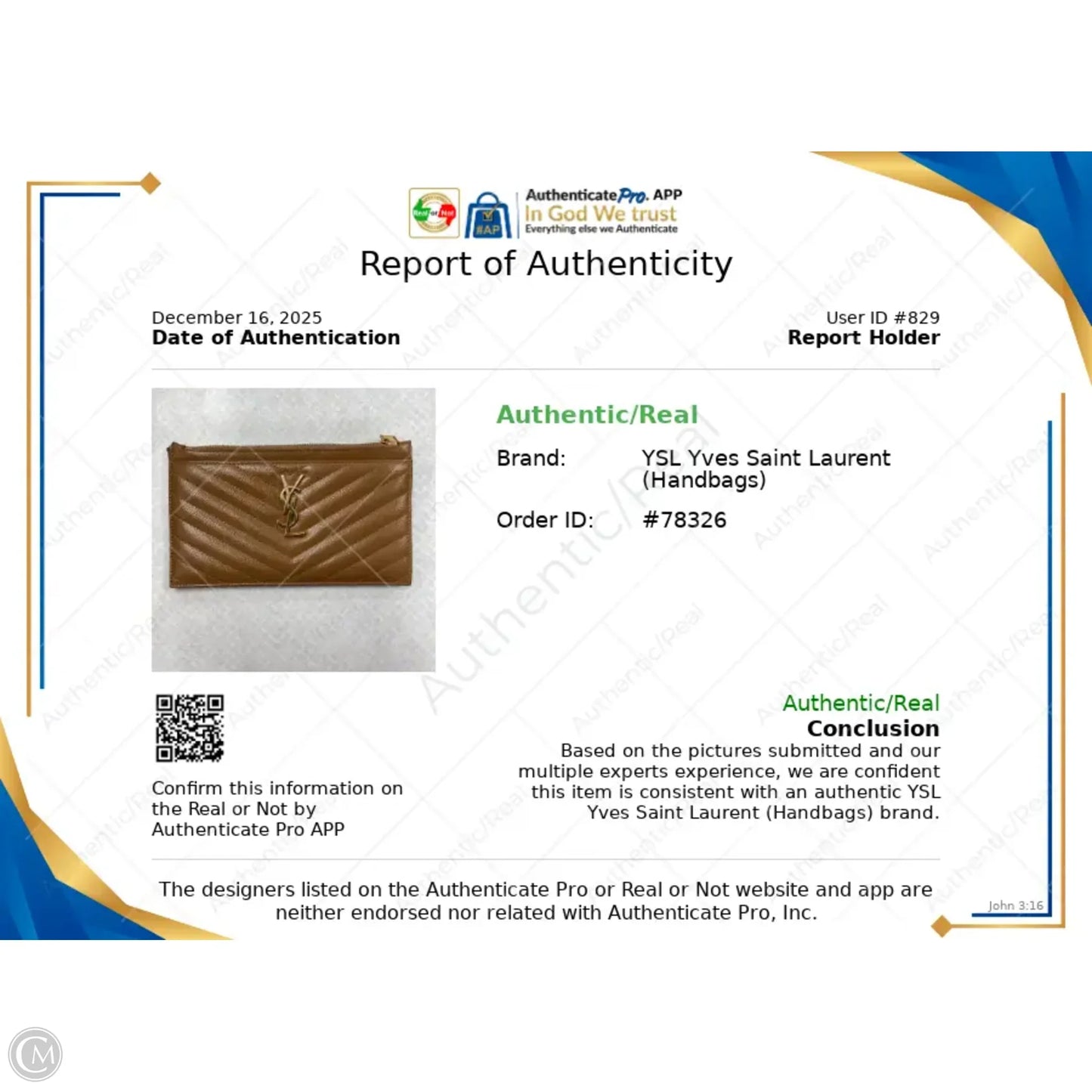 Accessory Luxury Designer Label By Yves Saint Laurent, Size: Large