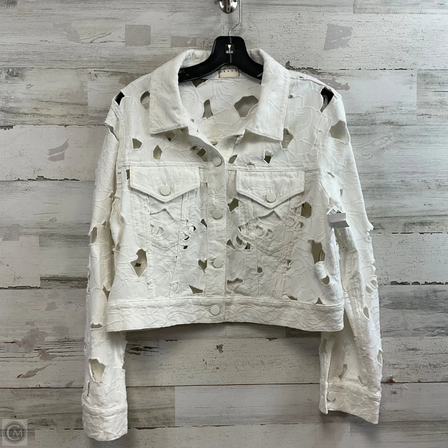 Jacket Designer By Alice + Olivia In White Denim, Size: L