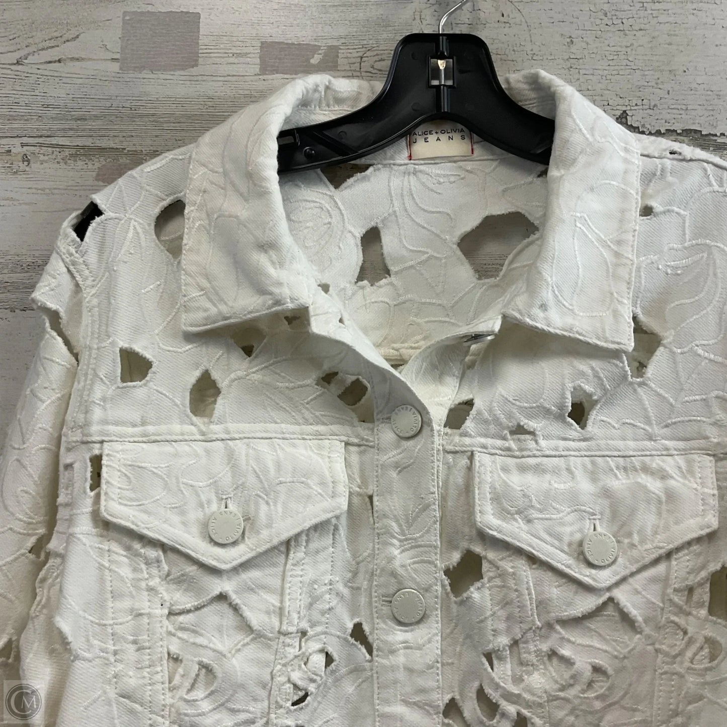 Jacket Designer By Alice + Olivia In White Denim, Size: L