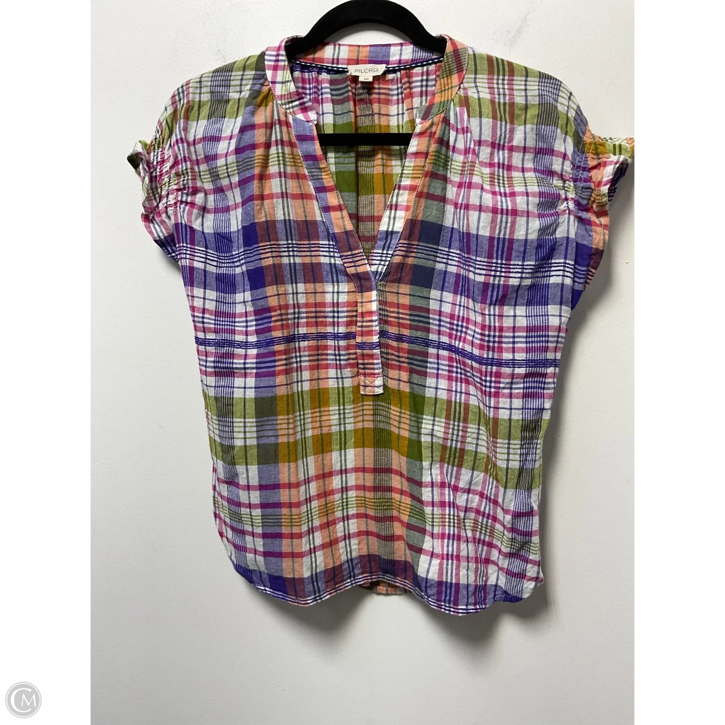 Blouse Short Sleeve By Pilcro In Plaid Pattern, Size: Xxs