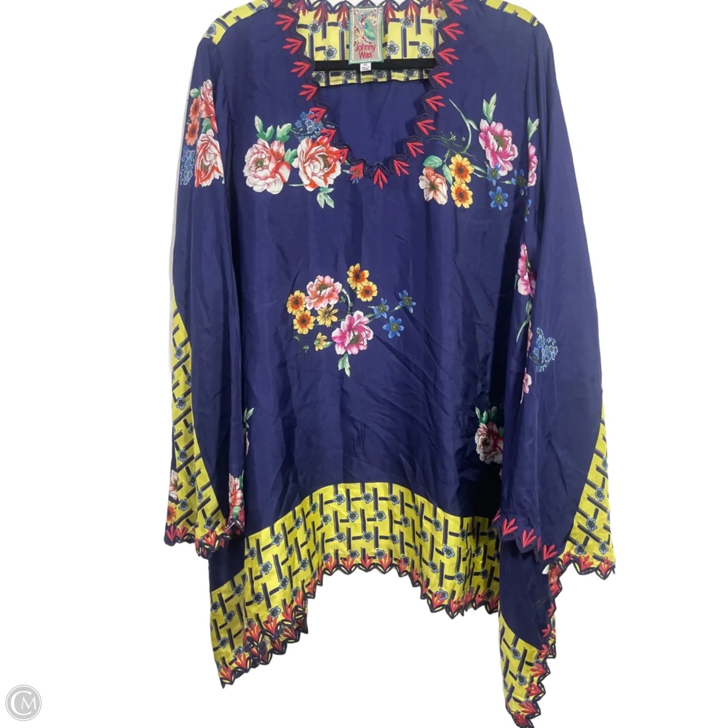 Blouse 3/4 Sleeve By Johnny Was In Blue & Yellow, Size: Xxl