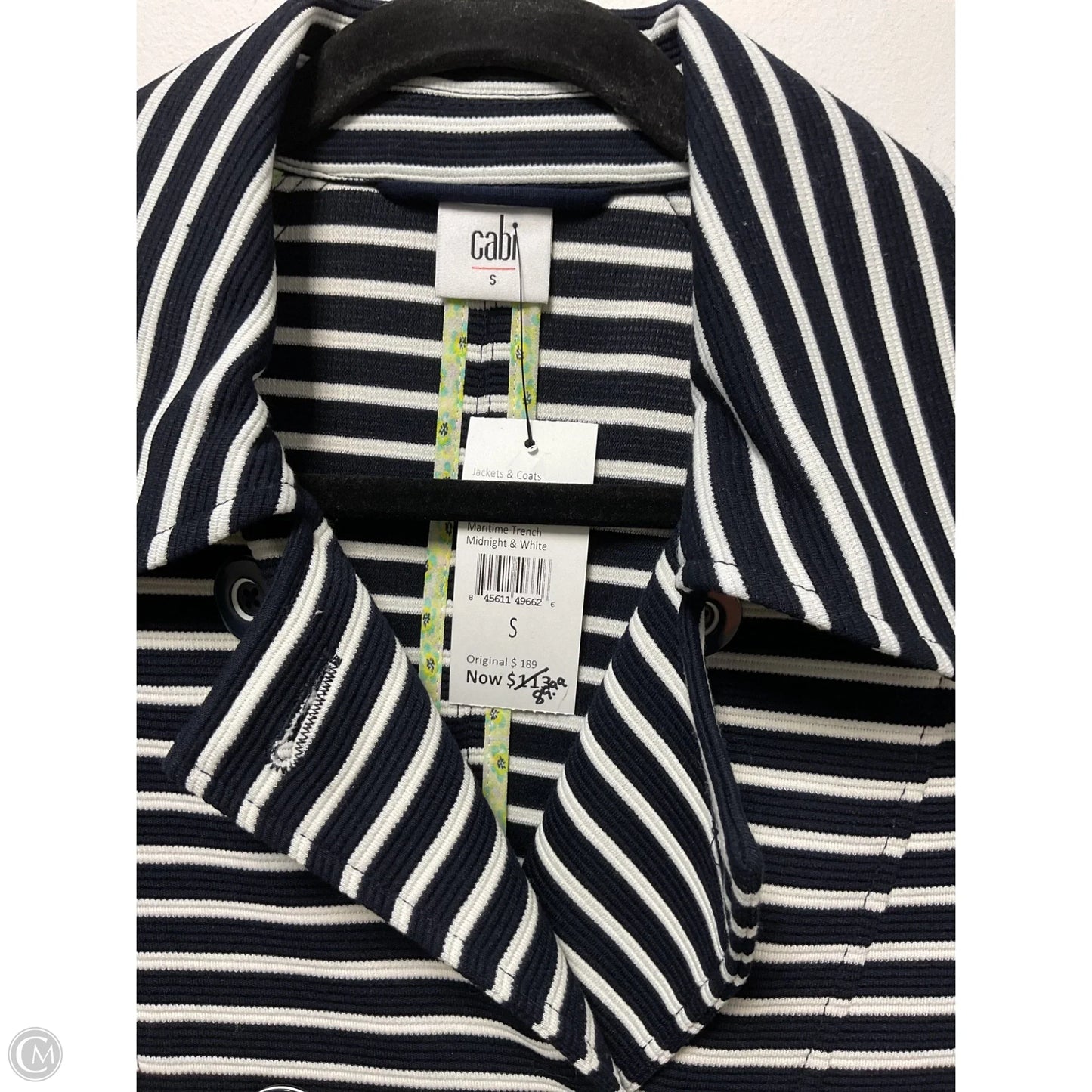 Coat Trench Coat By Cabi In Blue & White, Size: S