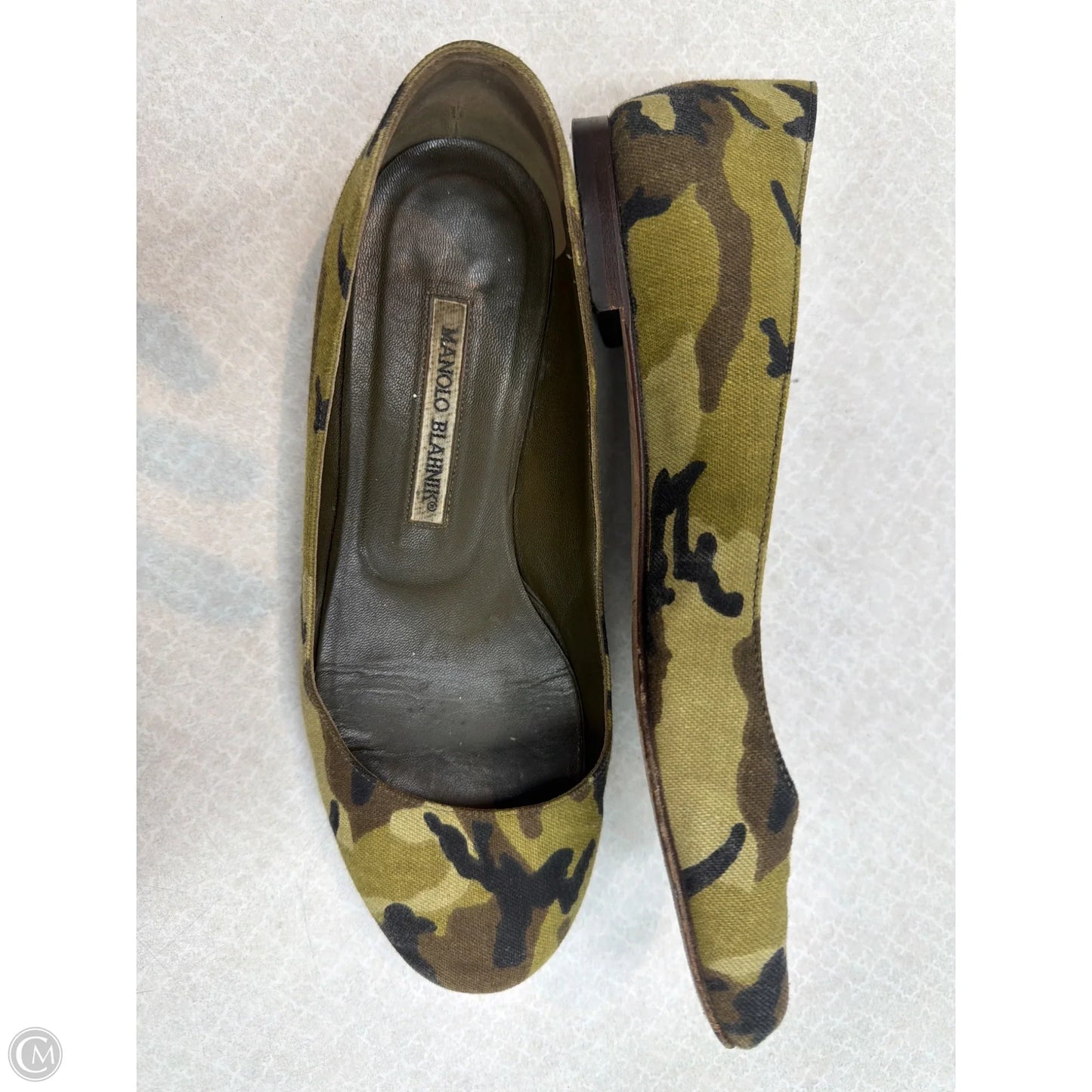 Shoes Luxury Designer By Manolo Blahnik In Camouflage Print, Size: 7.5