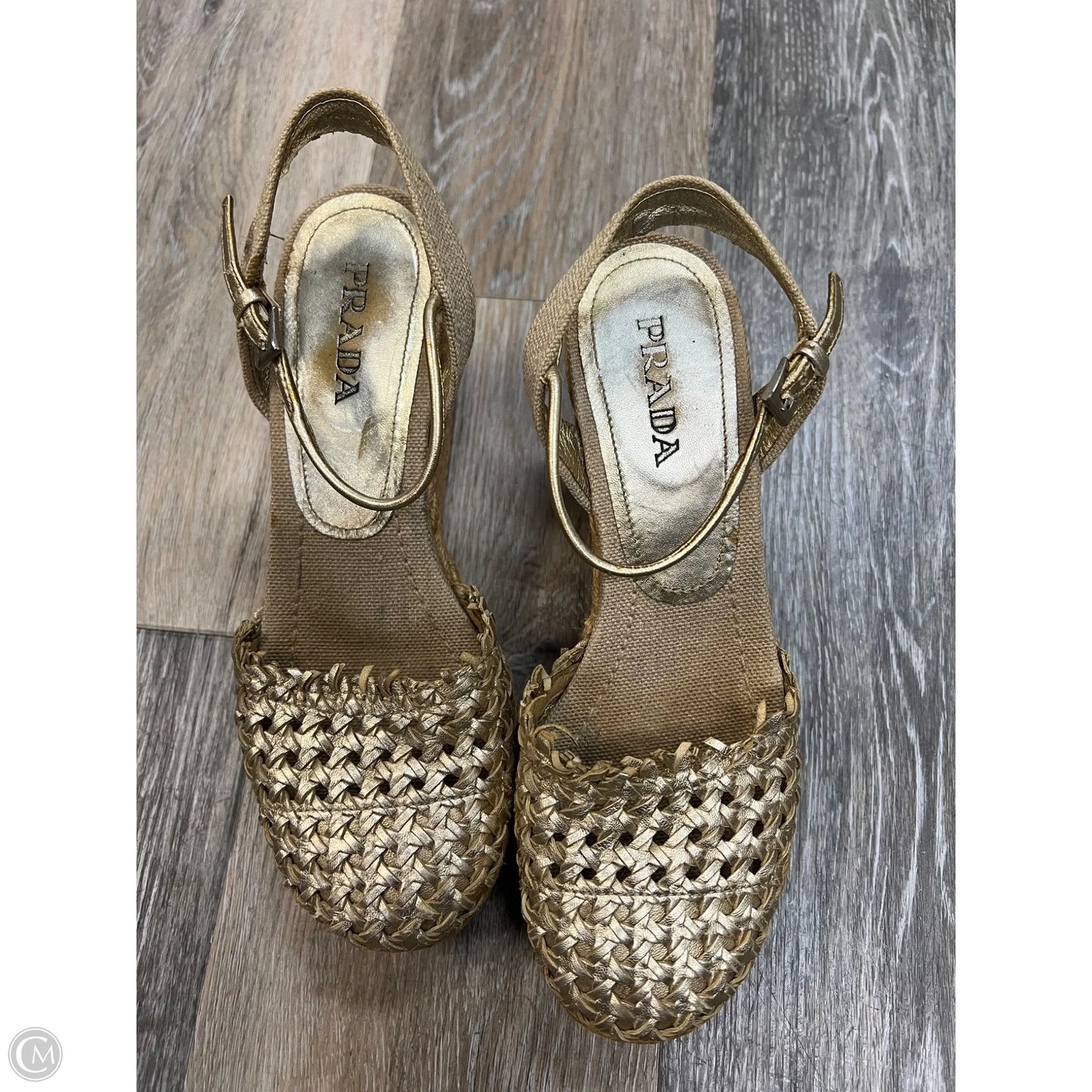 Shoes Luxury Designer By Prada In Gold, Size: 6