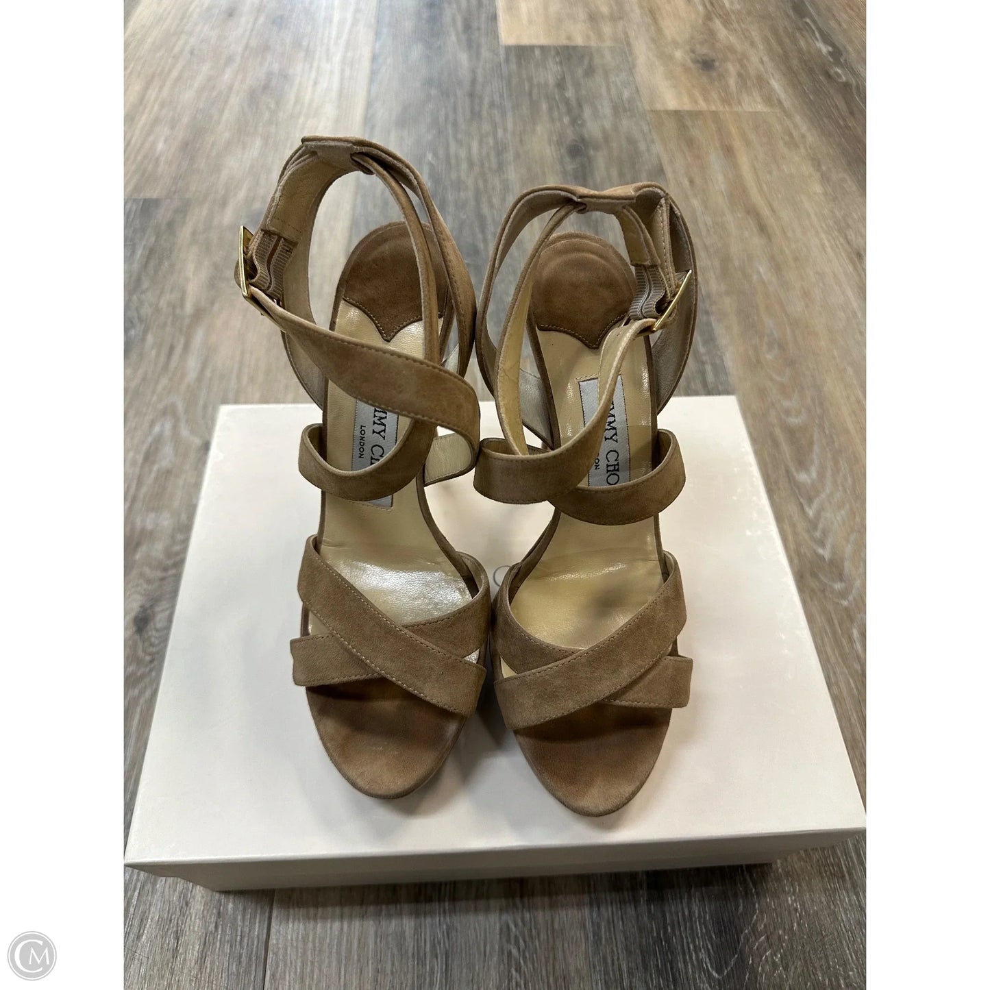 -Shoes Luxury Designer By Jimmy Choo In Tan, Size: 6.5