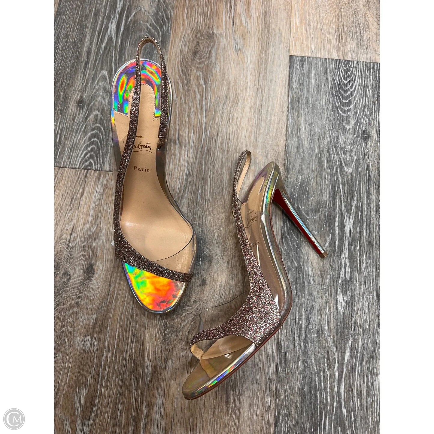 Sandals Luxury Designer By Christian Louboutin In Silver, Size: 9.5/39.5