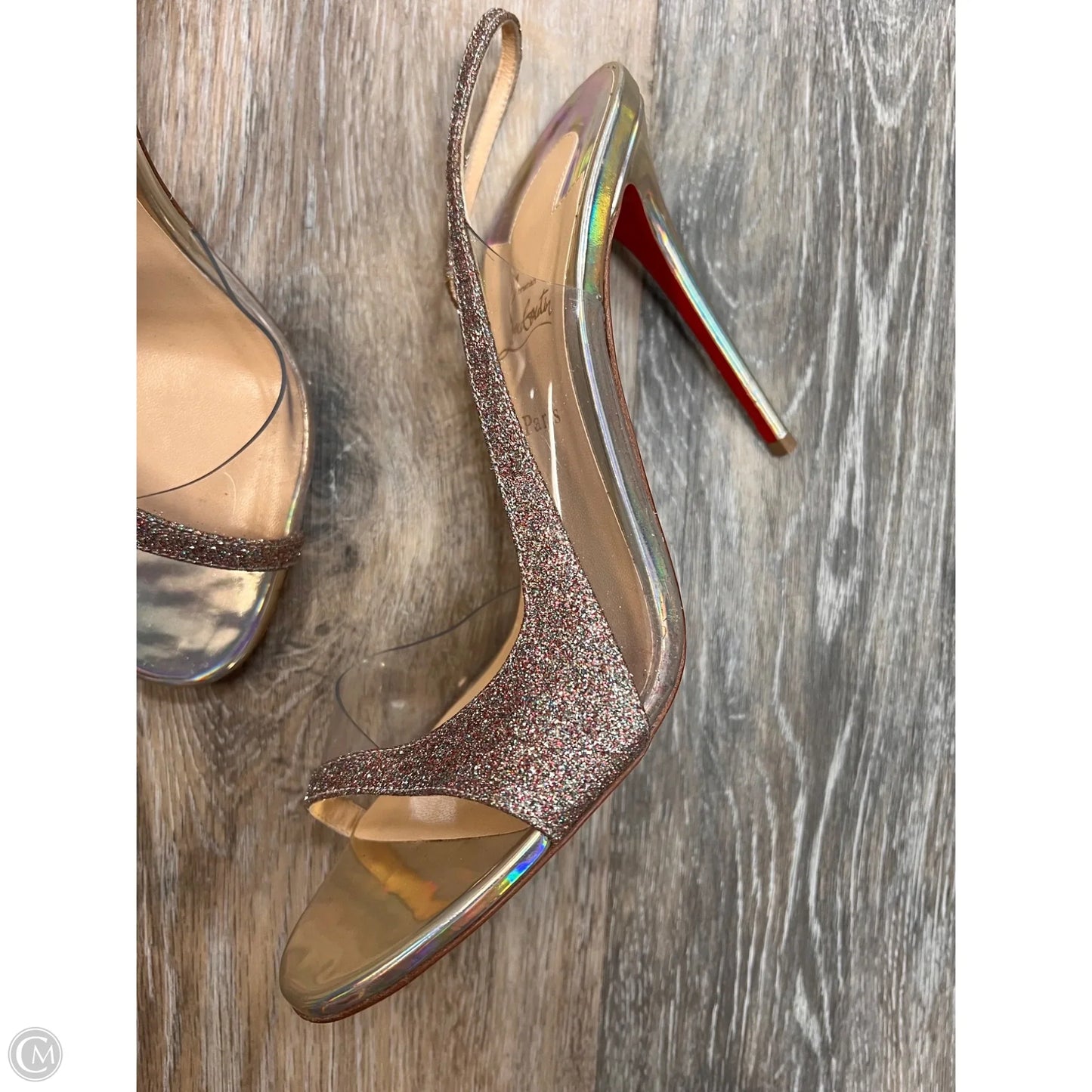 Sandals Luxury Designer By Christian Louboutin In Silver, Size: 9.5/39.5