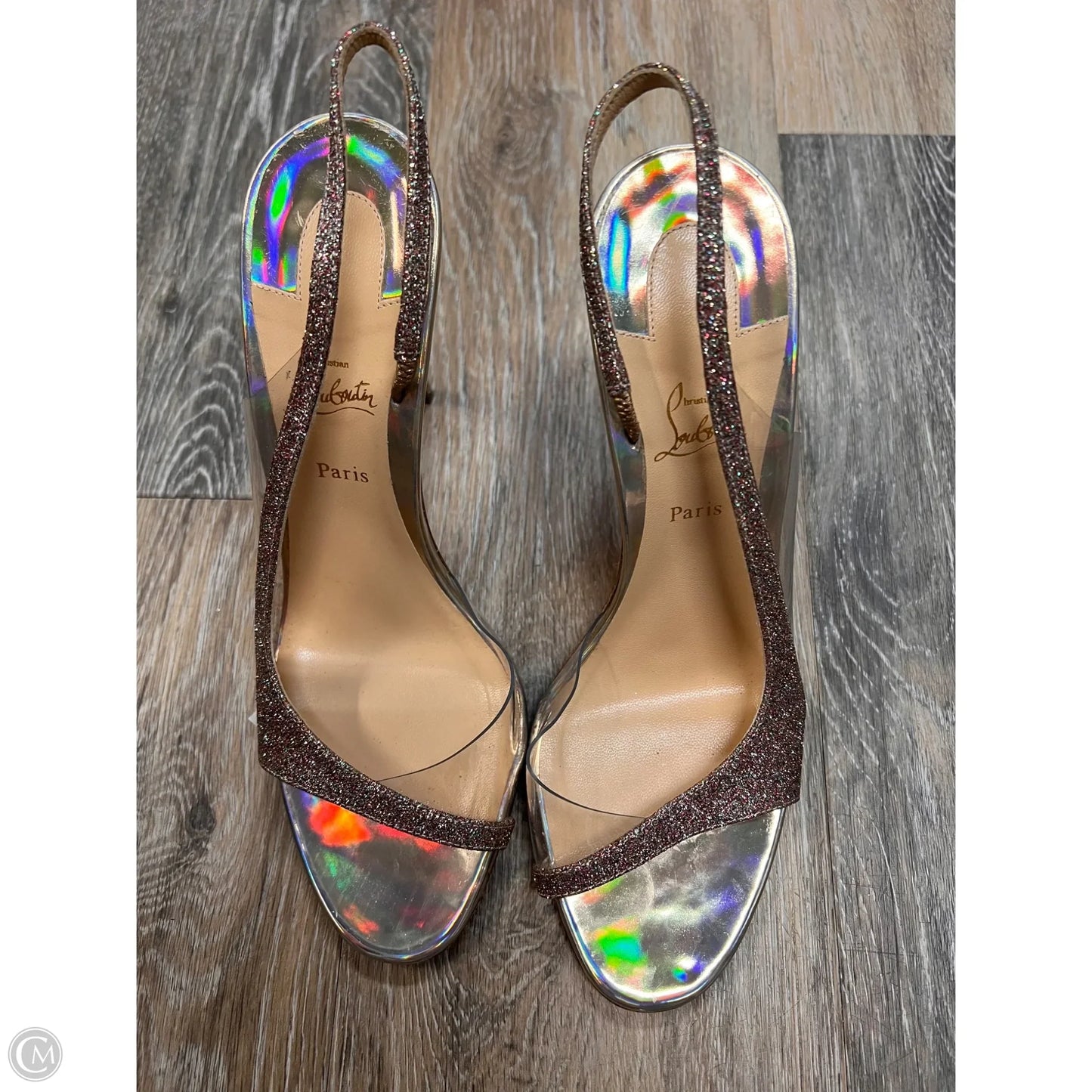 Sandals Luxury Designer By Christian Louboutin In Silver, Size: 9.5/39.5