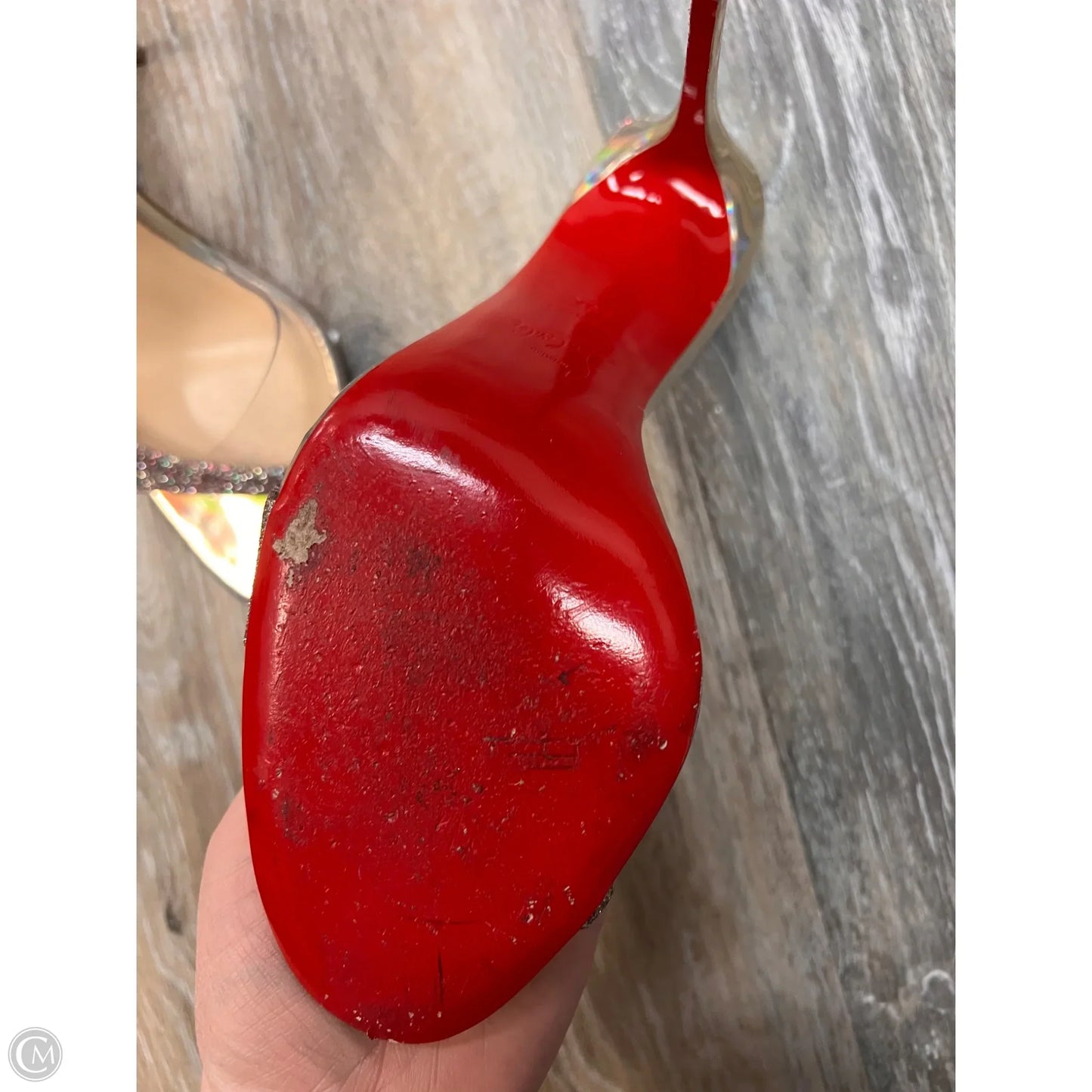 Sandals Luxury Designer By Christian Louboutin In Silver, Size: 9.5/39.5