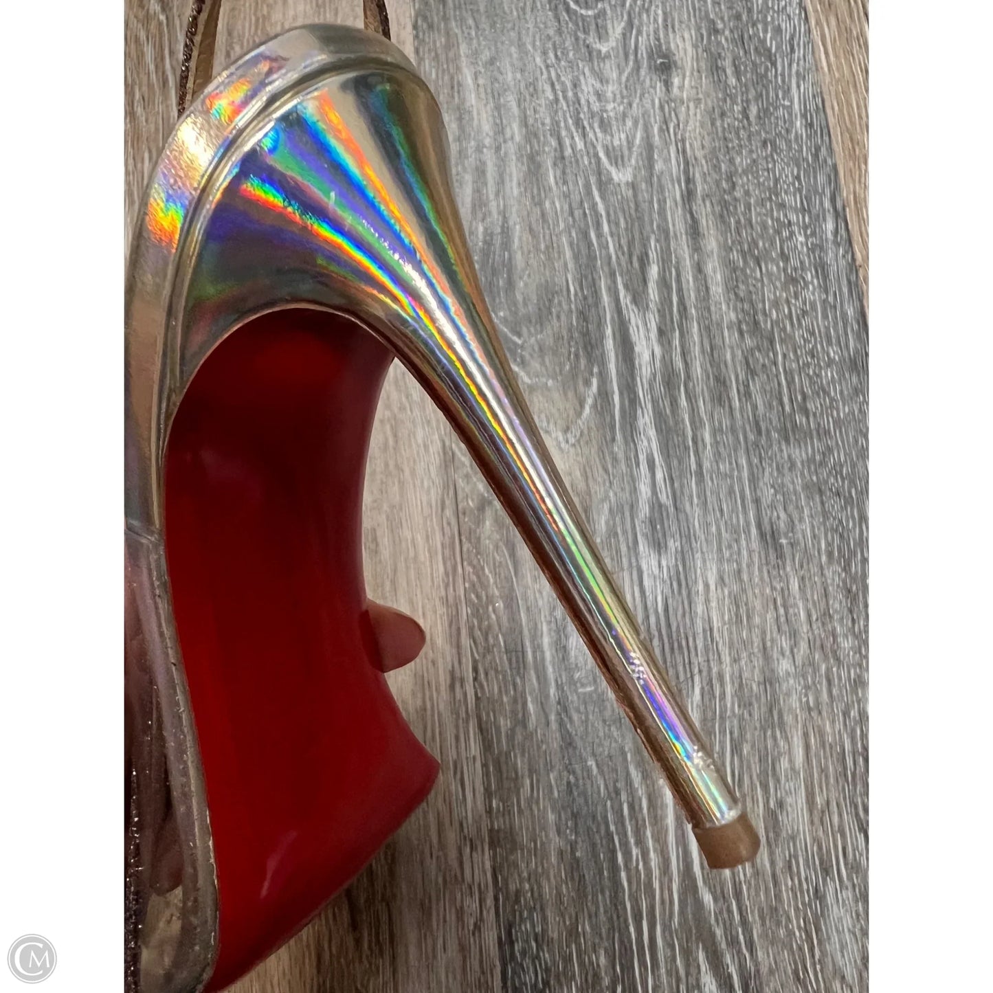 Sandals Luxury Designer By Christian Louboutin In Silver, Size: 9.5/39.5